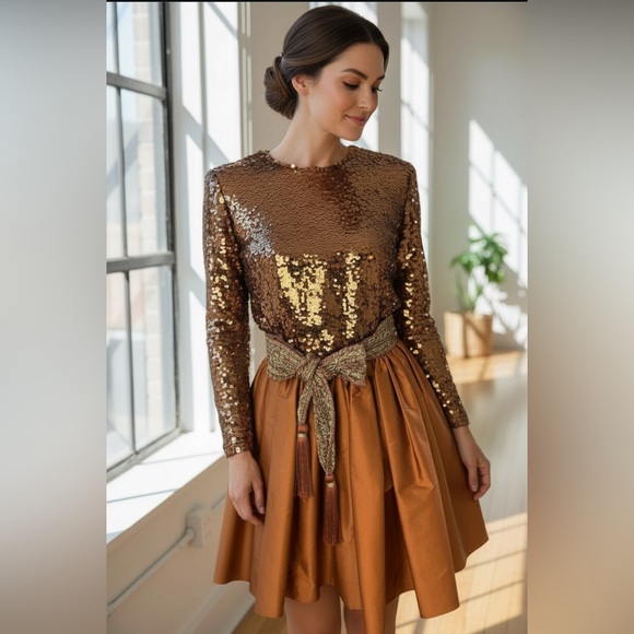 Oscar de la Renta Dresses & Skirts - Vintage Oscar de la Renta Studio Sequin and Silk Bronze Formal Mini Dress